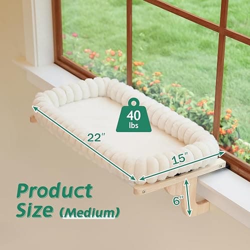 Zakkart SnugCloud Cat Window Perch with 4-Sided Bolster - Orthopedic Cat Hammock for Window Sill - Solid Hardwood & Metal Frame - Window Seat for Pets (Natural Color Wood w/White Bed, Medium) thumbnail 4