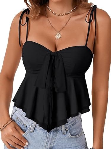 Rooscier Women's Straps Knotted Front Sleeveless V Neck Vintage Peplum Sexy Cami Top - Small - Black