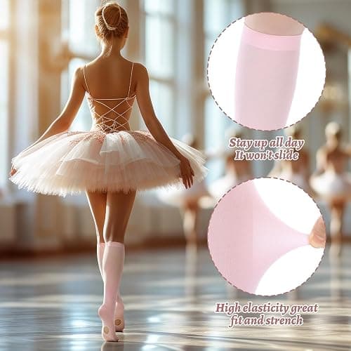 Cuffbow 4 Pairs Pink Ballet Tights Socks Thin Knee High Dancing Socks Women Girls Ballet Stockings for Dance Jazz Shoes thumbnail 2