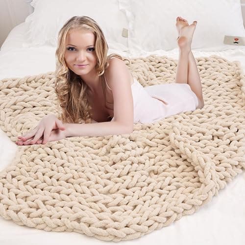 GYHH Plaid Tricot Grosse Maille Pelote Laine Jette,Couverture en Chenille Grosse Maille, Chaude Et Confortable, Faite à La Main, pour Canapé, Lit, Décoration D'intérieur (Beige,50x50CM) thumbnail 2
