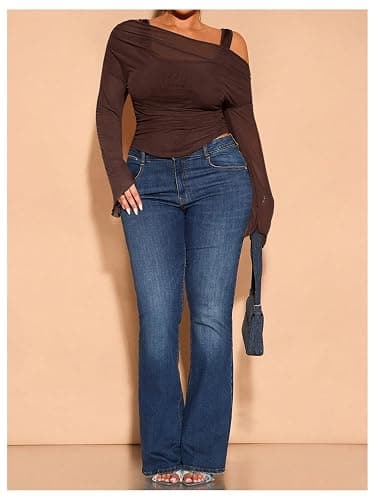 WDIRARA Women's Plus Size 2 in 1 Off Shoulder T Shirt Ruched Sheer Bell Long Sleeve Tee thumbnail 6