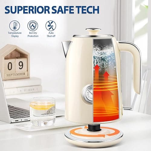 PUKOMC Electric Kettle, 1.7L Stainless Steel Tea Kettle with Temperature Gauge, 1500W Water Boiler with LED Light, BPA-Free, Auto Shut-Off and Boil-Dry Protection (Beige) Visit the Pukomc Store thumbnail 6