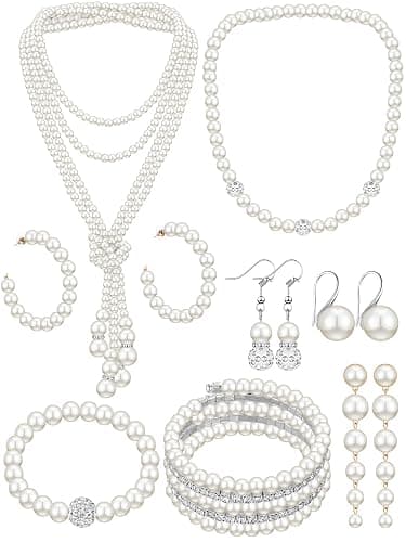 BBTO 8 Pcs Pearl Necklace and Earrings Set for Women Pearl Bracelets Costume Jewelry Set for Wedding Bridal Christmas Party - Image 1