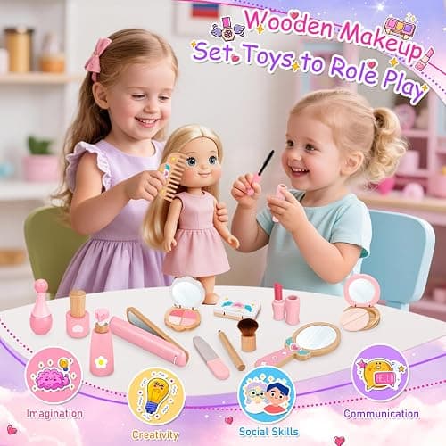 Kids Wooden Makeup Sets Toys for Girls, 3 4 5 6 Year Old Birthday Presents | Wooden Make Up Kit Toys for Kids, Gifts for 3-4-5 Year old Girls - 21Pc Pretend Fake Beauty Role Play with Cosmetic Bag thumbnail 2