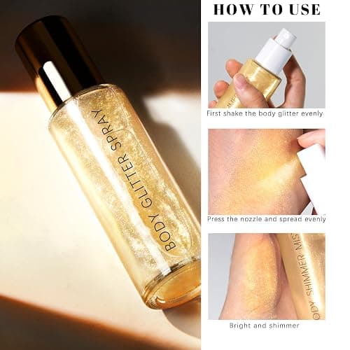 HOSAILY Body Glitter Spray, Moisturizing Bronze Body Shimmer Luminizer Glow Illuminator Quick-Drying and Non-Sticky Liquid Highlighter Spray for Face Hair Glitter, 60ML -Gold thumbnail 3