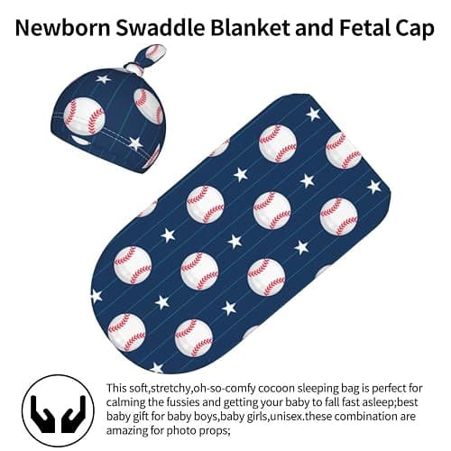 Cute Baseball Print Baby Stuff Swaddle Blanket Hat Set for Boys Girls, Soft Newborn Swaddle Wrap Blanket Shower Gift thumbnail 4