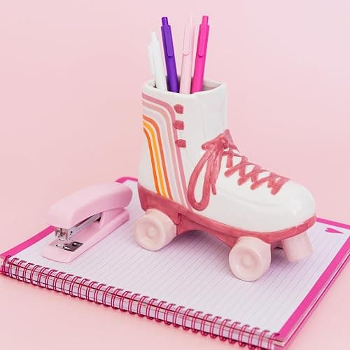 Steel Mill & Co. Cute Retro Ceramic Roller Skate Vase | Flower Vase and Desk Pot Pen and Pencil Holder, Vintage Decor for Home or Office, Small Round Container thumbnail 7