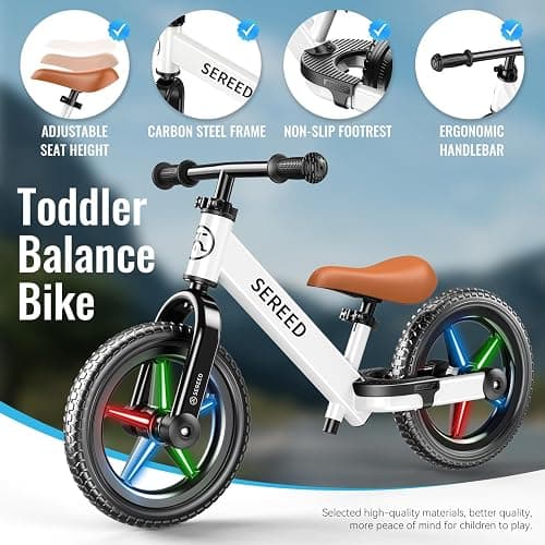 SEREED Toddler Balance Bike 2 Year Old, No Pedal Kids Bicycle Toys for 2-5 Years Old, Tool-Free Adjustment, Customize Plate with Stickers, Gift for 2-3 Boys Girls (White Lighting) thumbnail 8