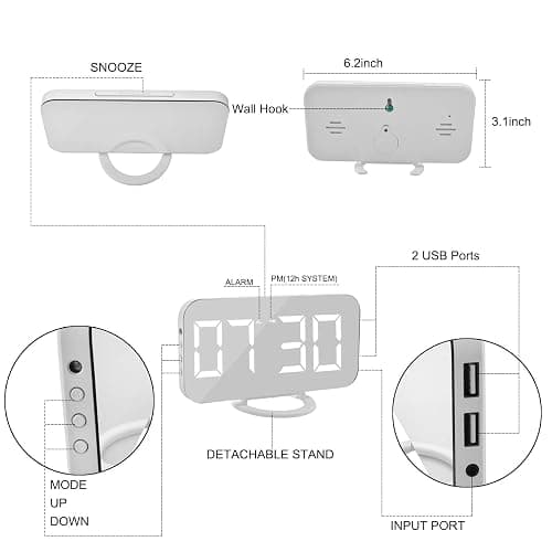 SZELAM Digital Clock Large Display, LED Electric Alarm Clocks Mirror Surface for Makeup with Diming Mode, 3 Levels Brightness, Dual USB Ports Modern Decoration for Home Bedroom Decor-White (001) thumbnail 2