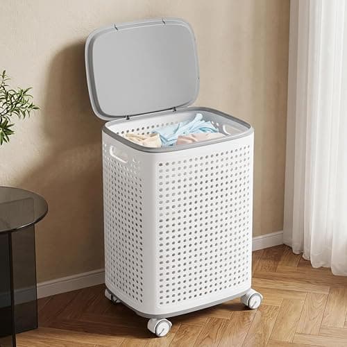 M.J COMFY-LIFE Laundry Basket with 360° Wheels and Lid Large Rolling Clothes Hamper with Built-in Storage Basket Ventilated Design for Laundry Room Bathroom Bedroom (Without Sidebar) thumbnail 2