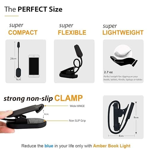Amber Light + Giftable Amber Book Light - Blue Light Blocking - Night Reading Booklight Store. Rechargeable. 1600K for Reading in Bed at Night. Perfect as a Giftable Kindle Light and LED Book Light. thumbnail 9