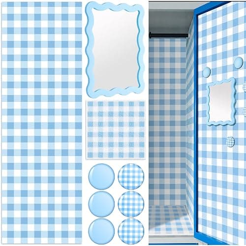 Weysat Blue 9 Pcs Locker Accessories Wallpaper Mirror Magnets, Gingham | Back to School Decor for Middle High School, Magnetic Wallpaper for Classroom, Rectangle Mirror, Bow Magnets Set - Image 1