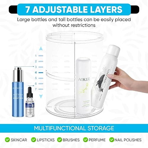 UZHNOE 360° Rotating Makeup Organiser With 7 Adjustable Layers – Skincare Organiser & Vanity Storage Holder for Cosmetics, Perfume, and Dressing Table Storage (Transparent) thumbnail 5