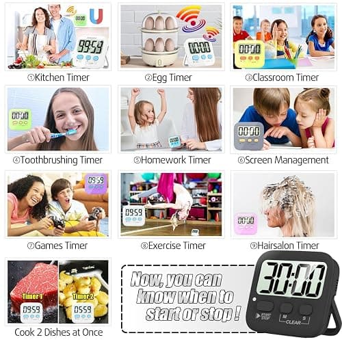 Antonki 2 Pack Digital Timer for Kids, Magnetic Countdown Kitchen Timers for Cooking, Egg, Classroom, Teacher, Exercise, Study, Oven - Battery Included - Senior Black thumbnail 3