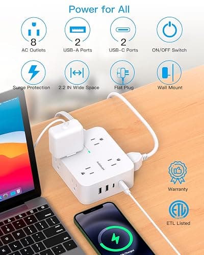Surge Protector Power Strip, HANYCONY Extension Cord with Multiple Outlets, 5 Ft Ultra Thin Flat Plug 8 Outlets 4 USB Ports(2USB C), 1080J Outlet Extender for Home Office College Dorm Room Essentials thumbnail 2
