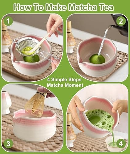 JBER Matcha Whisk Set, Ceramic Matcha Set Includes Bowl & Holder, Bamboo Whisk (Chasen), Sifter, Scoop, Spoon & Rest - 7PCS Matcha Kit Gift for Matcha Lovers & Beginners, Gradient Pink thumbnail 5
