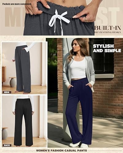 Neer 3 Pack Women's Lounge Pants Wide Leg Yoga Built in Drawstring High Waisted Casual Comfy Baggy Sweatpants with Pockets thumbnail 5