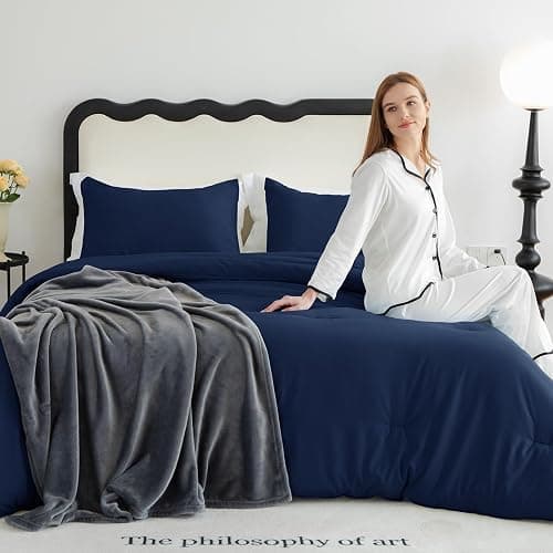 CozyLux Navy Blue King Size Comforter Set, 3 Pieces Solid Breathable Quilted Style Bedding Sets, Luxury Fluffy Soft Bed Set with Down Alternative Comforter for All Season (1 Comforter & 2 Pillowcases) thumbnail 9