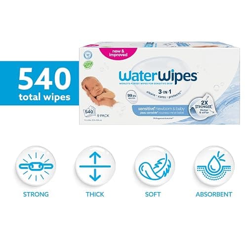 WaterWipes Sensitive+ Newborn & Baby Wipes, 540 Count (9 Packs), 3-In-1 Cleans, Cares, Protects, 99.9% Water, Unscented thumbnail 2