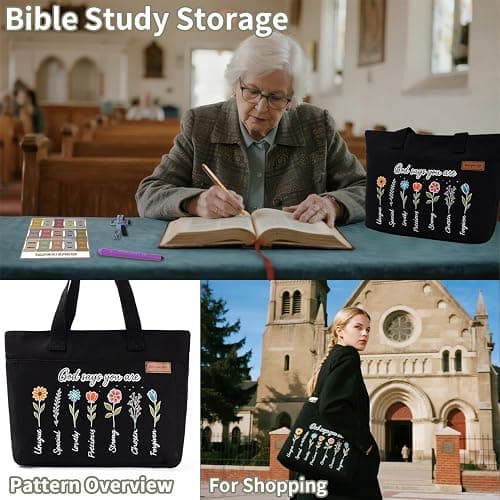 25 PCS Bible Study Supplies Kit, Large Capacity Canvas Tote Bag for Women Organizer, Bible Highlighters and Quick Dry Pens No Bleed Through, Notebook Bible Tabs Cross Bookmark Journaling Accessories thumbnail 7