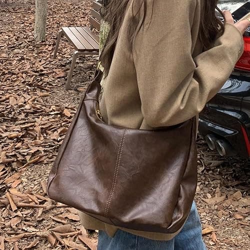 Slouchy Shoulder Bag for Women Leather Brown Purse Daily Hobo Bags Large Capacity Crossbody Bag Fall Handbags with Zipper thumbnail 2