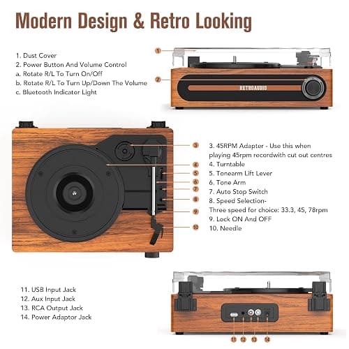 Record Player with Bulit-in Speaker Vintage Belt-Driven Turntable with Bluetooth Wireless Playback Support 3-Speed 33 1/3, 45, 78RPM AUX-in RCA Out Vinyl Players thumbnail 6