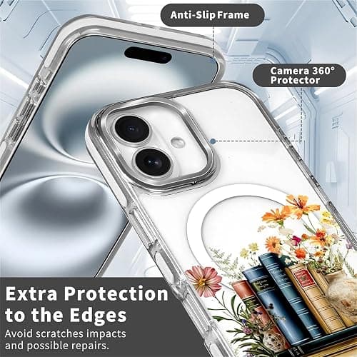 MQJCYB Magnetic Case for iPhone 16 Design On Clear Base, Compatible with MagSafe, Slim Protective Soft TPU Bumper Phone Cover Women Girls Case for iPhone 16 -Clear Book Lover Flower thumbnail 2