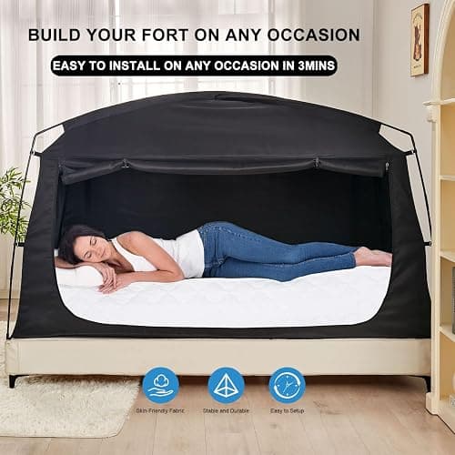Privacy Sleep Indoor Bed Tent for Adults Kids, Portable Blackout 90% Canopy Tents with 3 Doors Breathable Mesh Windows thumbnail 3