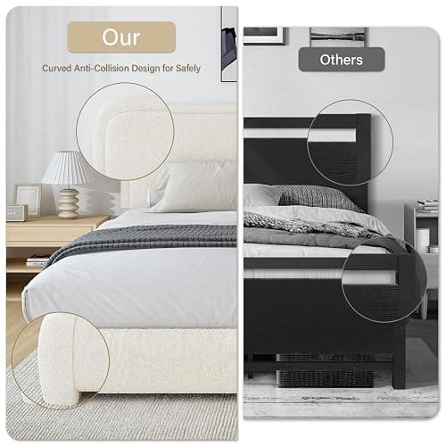BarnFurin Queen Bed Frame with Headboard, Cloud Boucle Upholstered Platform Bed with Wood Slats, Soft Rounded Corners, No Box Spring Required, Non-Slip and Noise-Free, Easy Assembly, Cream thumbnail 7