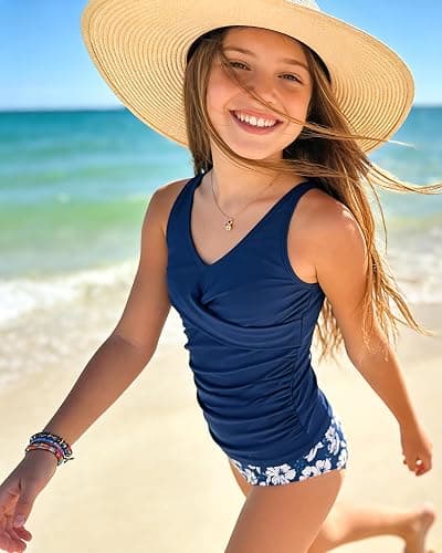 beautyin Girls Swimsuit 2 Piece Criss Cross Tankini Sets V Neck Ruched Bathing Suit Adjustable Straps Teen Swimwear thumbnail 3