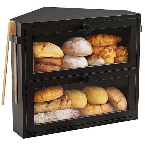 WOWLIVE Corner Bread Box for Kitchen Countertop, Large Double Layer Bread Storage Container for Homemade Bread, Black Bread Holder for Kitchen Counter, Under Cabinet Organizer (Black, Medium) - Image 1