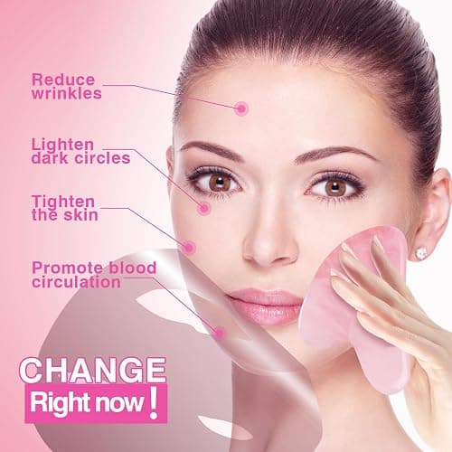 Gua Sha Outil de massage Guasha en pierre de jade naturelle pour soins du visage, soulage les rides et les yeux, traitement des gonflements, spa du dos (Rose) thumbnail 2