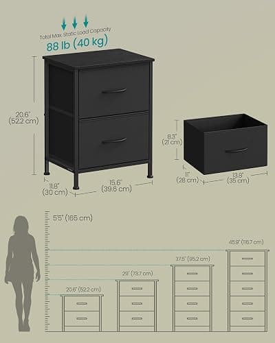 SONGMICS Dresser for Bedroom, Chest of Drawers, Nightstand, Steel, MDF, 2 Non-Woven Fabric Drawers, Storage Organizer Unit, Closet, Entryway, Ink Black and Ebony Black ULGS312B01S thumbnail 2