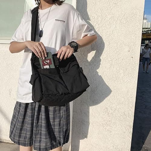 GAXOS Aesthetic Cute Messenger Bag for School Vintage Black Canvas Crossbody for Women Shoulder Laptop Bag thumbnail 5