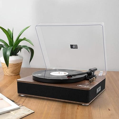 LP&No.1 Record Player with Stereo Speakers, 3-Speed Belt-Drive Turntable for Vinyl Records with Wireless Playback and Auto-Stop,Walnut Wood thumbnail 3