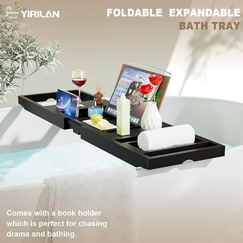 Yirilan Foldable Bathtub Caddy, Expandable Bath Tray, Unique House Warming Gifts, New Home, Anniversary and Wedding Gifts for Couple, Black-New thumbnail 6