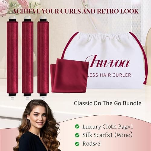 Heatless Hair Curler Heatless Curls Overnight Heatless Blowout with Luxury Cloth Bag Silk Scarf, Curling Rod Headband to Sleep in No Heat Curling with (burgundy, 3Rods) thumbnail 5