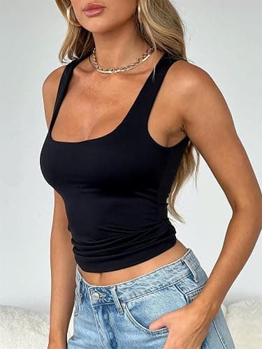 TiulZial Women's Sleeveless Square Neck Strappy Tank Cute Double Layer Workout Summer Casual Basic Crop Tops thumbnail 3