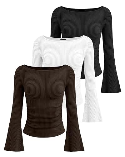 JoyMotion Women's 3 Pack Bell Sleeve Shirts 92% Cotton Boat Neck Long Sleeve Tops Fall Y2k Clothes Slim Fit Ribbed Ruched Tee thumbnail 4