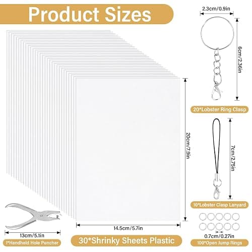 CRTWDMAN 161 Pcs Shrink Paper Keychain Kit,with 30 Pcs Shrinky Plastic Sheets 7.9"x5.7",Hole Punch,Lobster Clasps,Jump Rings DIY Crafts for Adults and Teens thumbnail 2