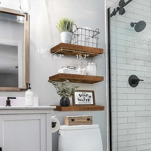 QEEIG Floating Shelves for Wall Bathroom Shelf Bedroom Kitchen Living Room Hanging Book Shelves Small Farmhouse Decor 16 inch Set of 3, Rustic Brown (015-BN3) thumbnail 2