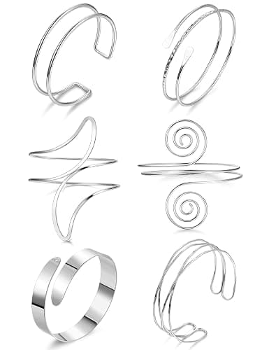 Vegolita 6Pcs Boho Coil Arm Cuff Bangle Set - Adjustable Minimalist Open Arm Cuff Armlet Armband - Image 1