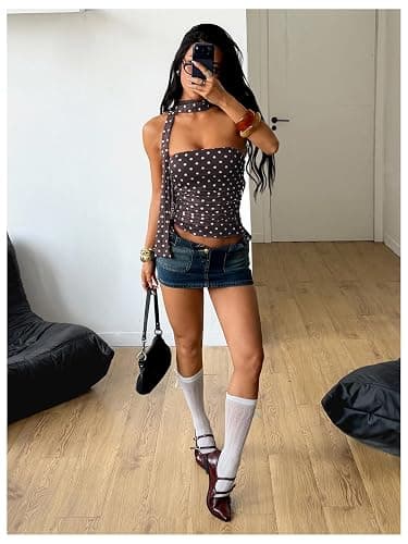 Milumia Women's Polka Dots Mesh Tube Tops Y2k Strapless Scarf Halter Top Going Out Clubbing Outfits thumbnail 3