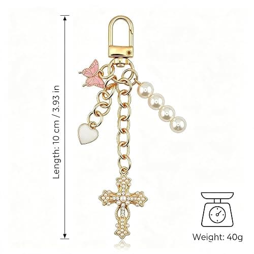 Clowich Gold Pearl Cross Keychain for Women, Heart Chic Bag Accessory Gift | Multi-use Versatile｜All-in-one Design thumbnail 5