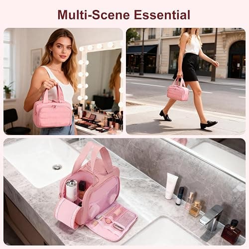 XWFB Travel Toiletry Bag Duffel - Water Resistant, Wide-open Large Lightweight Makeup Bag for Women with Handle & Wet Pocket, Puffy Organizer for Toiletries,Dark Pink thumbnail 2