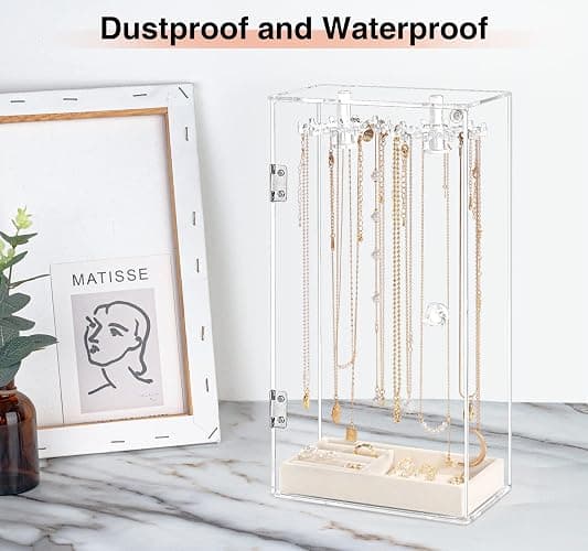 Necklace Holder, Acrylic Jewelry Organizer with 24 Hooks, Rotation Clear Necklaces Pendant Display Case Stand, Dust-proof Velvet Tray Hanging Rack Storage for Earrings Rings thumbnail 6