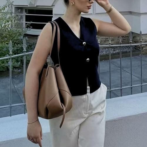 FindThy Women’s Cropped Knit Vest V Neck Button Up Solid Color Sleeveless Gilet Tank Tops thumbnail 3