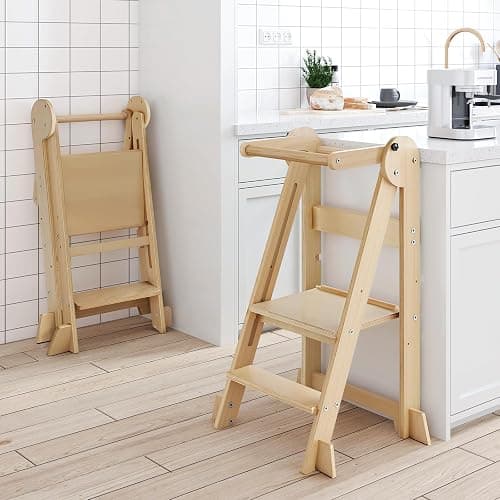 WeeGuruu Foldable Toddler Standing Tower, Height Adjustable Kitchen Tower with Safety Rails and Anti-Slip Device, Wooden Kids Kitchen Stool Helper for Ages 18 Months to 6 Years - Natural - Image 1