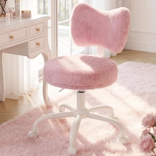 Homkdom Vanity Chair with Wheels, Pink Desk Chair with Cute Bow Backrest, Fluffy Faux Rabbit Fur Small Office Chair for Vanity, Make-up Room, Bedroom, Dorm, Small Space, Height Adjustable, Pink thumbnail 6