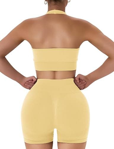 OLCHEE Workout Sets for Women 2 Piece Backless Halter Sports Bra High Waist Booty Shorts Yoga Gym Outfits Lounge Activewear thumbnail 6